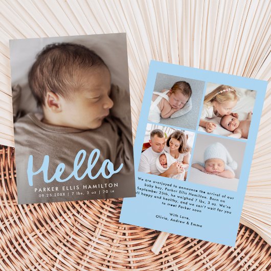 Faire-part Naissance Collage Photo Moderne « Hello » Bleu Man