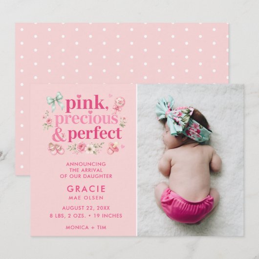 Faire-part Naissance de Bébé Fille Rose Précieuse Parfaite (Devant / Derrière)
