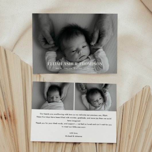 Faire-part Naissance de bébé moderne en noir et blanc avec ph