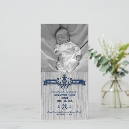 Faire-part Naissance de bébé nautique rustique (Debout devant)