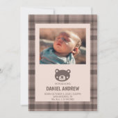 Faire-part Naissance de bébé ours à carreaux (Devant)