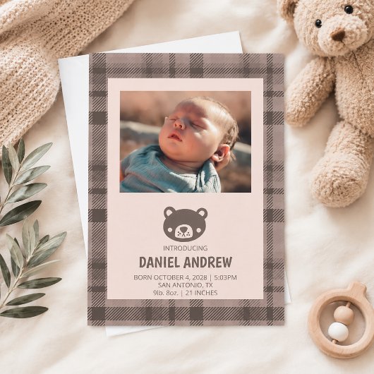 Faire-part Naissance de bébé ours à carreaux