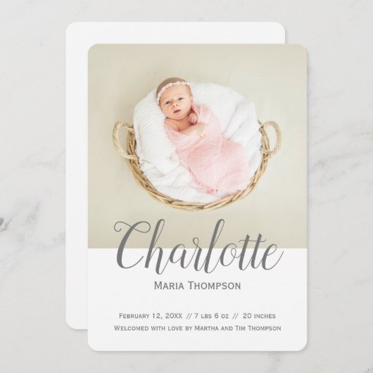 Faire-part Naissance de la fille bébé Nom de la photo Script  (Devant / Derrière)