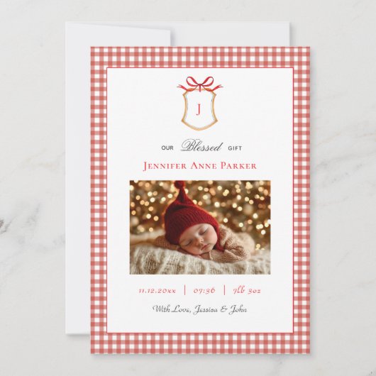 Faire-part Naissance de Noël monogramme En vichy mignonne (Devant)