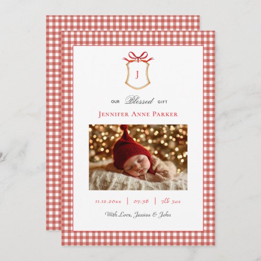 Faire-part Naissance de Noël monogramme En vichy mignonne (Devant / Derrière)