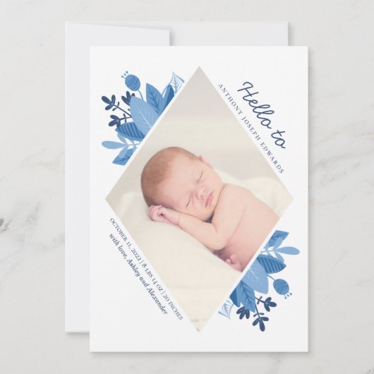 Faire-part Naissance d'un bébé bleu fleuri. Nouveau-né de fle (Devant)