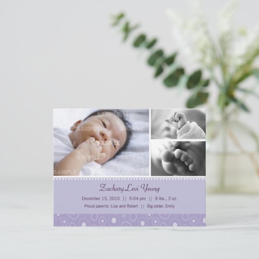 Faire-part Naissance d'une goutte d'eau violette (Debout devant)