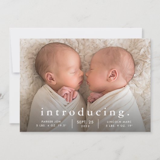 Faire-part Naissance d'une photo jumelle minimale simple (Devant)