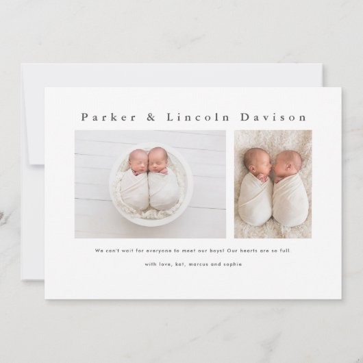Faire-part Naissance d'une photo jumelle minimale simple (Dos)