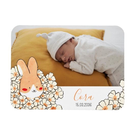 Faire-part naissance magnet Lapin et fleurs Magneet (Horizontaal)