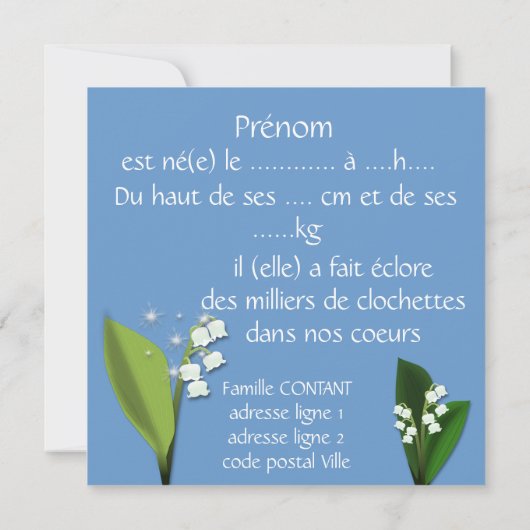 Faire-part naissance muguet et fée felt bleu gris (Dos)