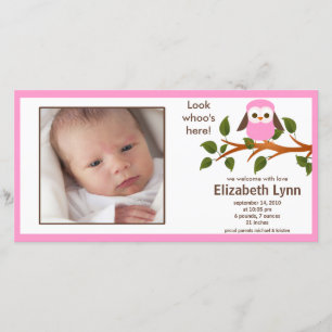 Faire-part Naissance rose Annoucement de bébé de hibou