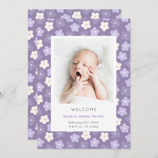 Faire-part Naissance simple d'aquarelle florale violette (Devant / Derrière)