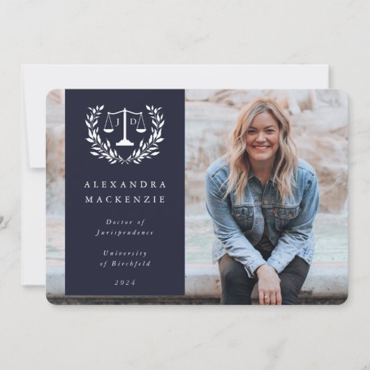 Faire-part Navy + Blanc JD Law échelles Couronne de Laurier P (Devant)