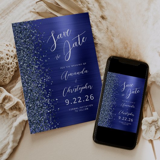 Faire-part Navy Blue Brushed Metal Script Save the Date