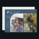 Faire-part Navy Blue Hand Written Thank You Multi Photo<br><div class="desc">Modern and whimsical graduation announcement photo card featuring 3 photos on the front and 1 on the back. The text says "Thank You" with twinkling stars. Add the graduate's name,  information,  and message to personalize this card. Navy blue.</div>