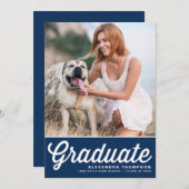 Faire-part Navy Blue Retro Bold Typographie Photo Graduation (Devant / Derrière)