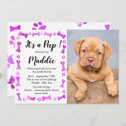 Faire-part New Puppy - Rose Girl New Pet - Chien Birthday Pup (Devant / Derrière)