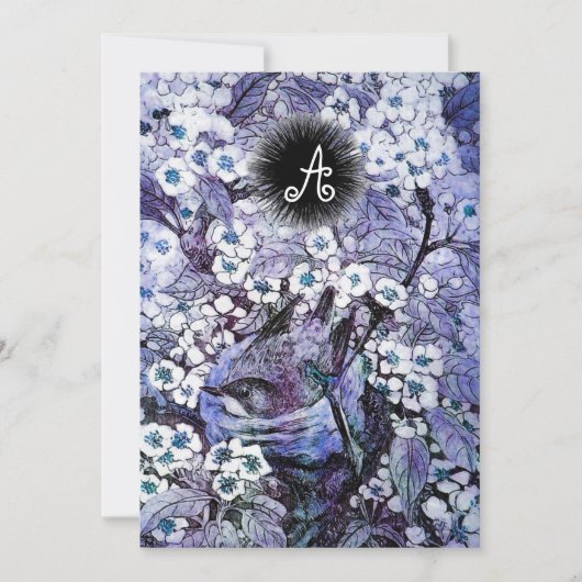 FAIRE-PART NID D'OISEAU, FLEURS DE PRINTEMPS BLEU BLANC MONOG (Devant)