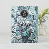 FAIRE-PART NID D'OISEAU, MONOGRAMME FLEURS BLANCHES BLEUES DE (Debout devant)