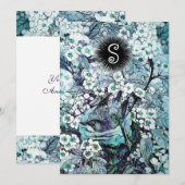 FAIRE-PART NID D'OISEAU, MONOGRAMME FLEURS BLANCHES BLEUES DE (Devant / Derrière)