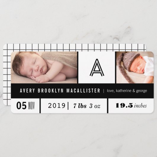 Faire-part Noir et blanc Multi Grid Statistiques bébé 2 Photo (Devant / Derrière)