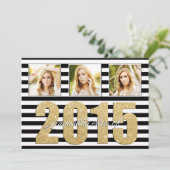 Faire-part Noir et blanc rayé, Parties scintillant Gold Gradu (Debout devant)