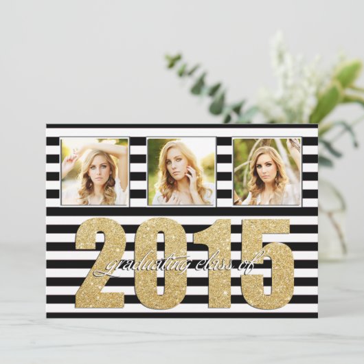 Faire-part Noir et blanc rayé, Parties scintillant Gold Gradu (Debout devant)