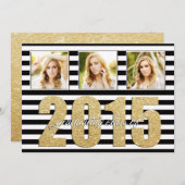 Faire-part Noir et blanc rayé, Parties scintillant Gold Gradu (Devant / Derrière)