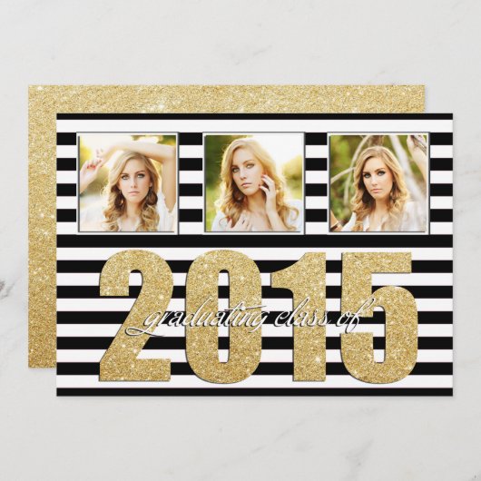 Faire-part Noir et blanc rayé, Parties scintillant Gold Gradu (Devant / Derrière)