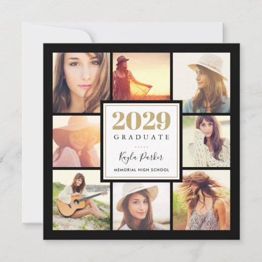 Faire-part Noir et or | 8 Photo Carré Graduation Party (Devant)