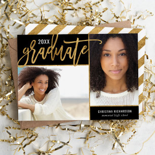 Faire-part Noir et or Faux Foil 2 Photo Graduation Announ