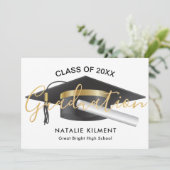 Faire-part Noir et or Moderne Casquette diplômé (Debout devant)