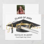 Faire-part Noir et or Moderne Casquette diplômé (Devant / Derrière)