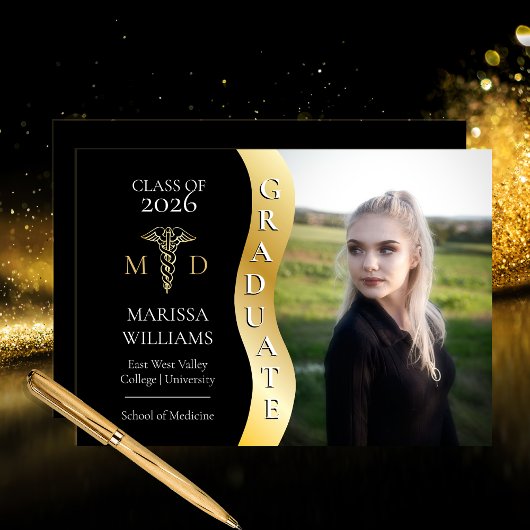 Faire-part Noir |Gold Graduate Wave Caduceus MD Médicale Grad