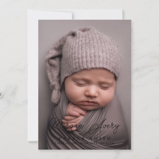 Faire-part Noir neutre Signature Script Nouveau bébé photo (Devant)