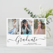 Faire-part Noir Script Diplômé 4 Photo Collage Graduation (Debout devant)