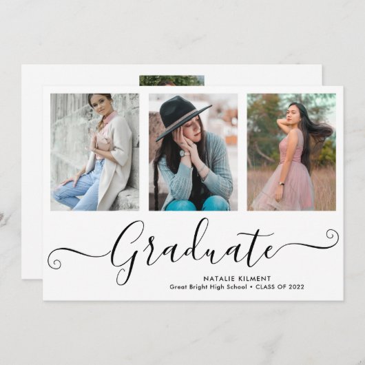 Faire-part Noir Script Diplômé 4 Photo Collage Graduation (Devant / Derrière)