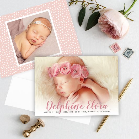 Faire-part Nom de la déclaration Rosy Pink Script bébé photo