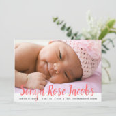Faire-part Nom de la fille nouveau-née Pink Script superposit (Debout devant)