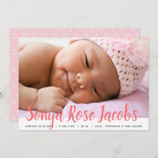 Faire-part Nom de la fille nouveau-née Pink Script superposit (Devant / Derrière)