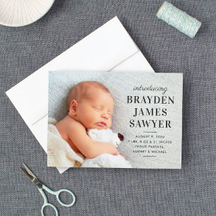 Faire-part Nom de l'enfant Garçon Bébé Charbon Gris Photo Nai
