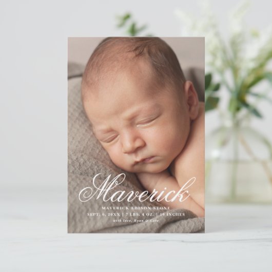 Faire-part Nom de script trois photo moderne naissance (Debout devant)