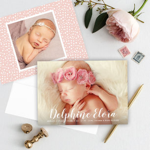 Faire-part Nom du relevé White Script Baby Girl Photo Birth