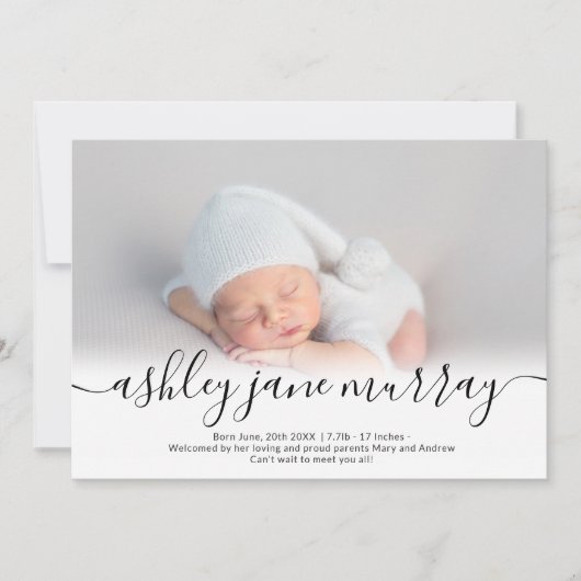 Faire-part Nom script coeur photo noir neutre bébé naissance (Devant)