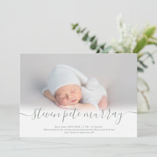 Faire-part Nom script coeur photo sage vert garçon bébé naiss (Debout devant)