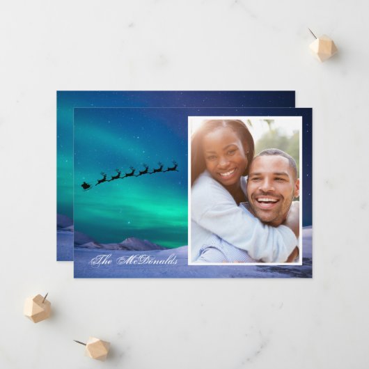 Faire-part Northern Lights with Santa and Sleigh your photo (Devant/Arrière en situation)