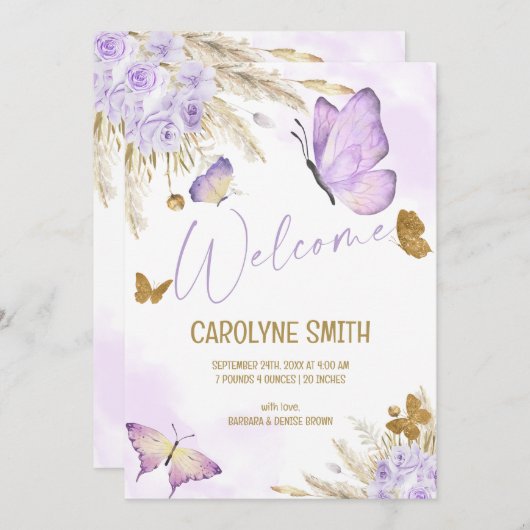 Faire-part Notre Petit Boho Purple Butterfly Naissance (Devant / Derrière)