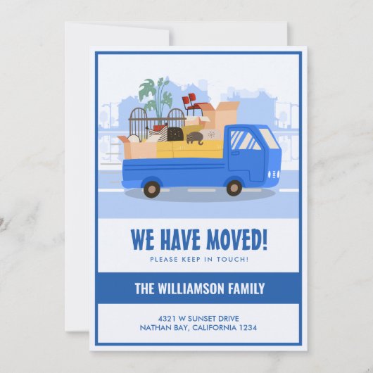 Faire-part Nous avons déménagé un camion bleu sur la route (Devant)