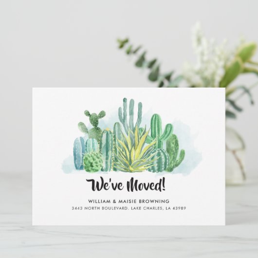 Faire-part Nous avons déplacé Aquarelle Cactus Script Moving (Debout devant)
